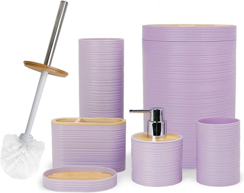 Bathroom Accessories Set 6 Piece Bamboo Bath Ensemble Includes Soap Dispenser, Toothbrush Holder, Toothbrush Cup, Soap Dish for Decorative Countertop and Housewarming Gift, Sriral Purple - MC Online