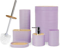 Bathroom Accessories Set 6 Piece Bamboo Bath Ensemble Includes Soap Dispenser, Toothbrush Holder, Toothbrush Cup, Soap Dish for Decorative Countertop and Housewarming Gift, Sriral Purple - MC Online