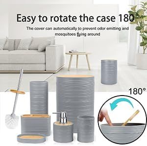 Bathroom Accessories Set 6 Piece Bamboo Bath Ensemble Includes Soap Dispenser, Toothbrush Holder, Toothbrush Cup, Soap Dish for Decorative Countertop and Housewarming Gift, Sriral Grey - MC Online