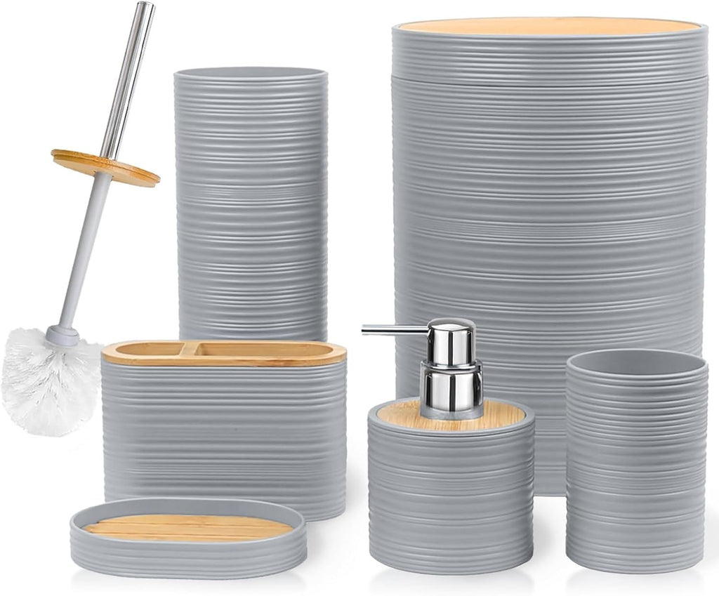 Bathroom Accessories Set 6 Piece Bamboo Bath Ensemble Includes Soap Dispenser, Toothbrush Holder, Toothbrush Cup, Soap Dish for Decorative Countertop and Housewarming Gift, Sriral Grey - MC Online