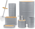 Bathroom Accessories Set 6 Piece Bamboo Bath Ensemble Includes Soap Dispenser, Toothbrush Holder, Toothbrush Cup, Soap Dish for Decorative Countertop and Housewarming Gift, Sriral Grey - MC Online
