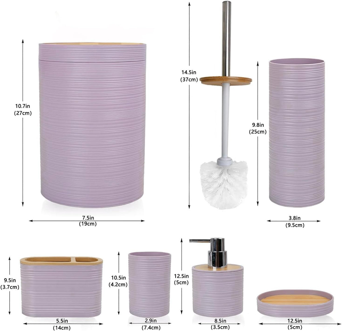 Bathroom Accessories Set 6 Piece Bamboo Bath Ensemble Includes Soap Dispenser, Toothbrush Holder, Toothbrush Cup, Soap Dish for Decorative Countertop and Housewarming Gift, Sriral Purple - MC Online