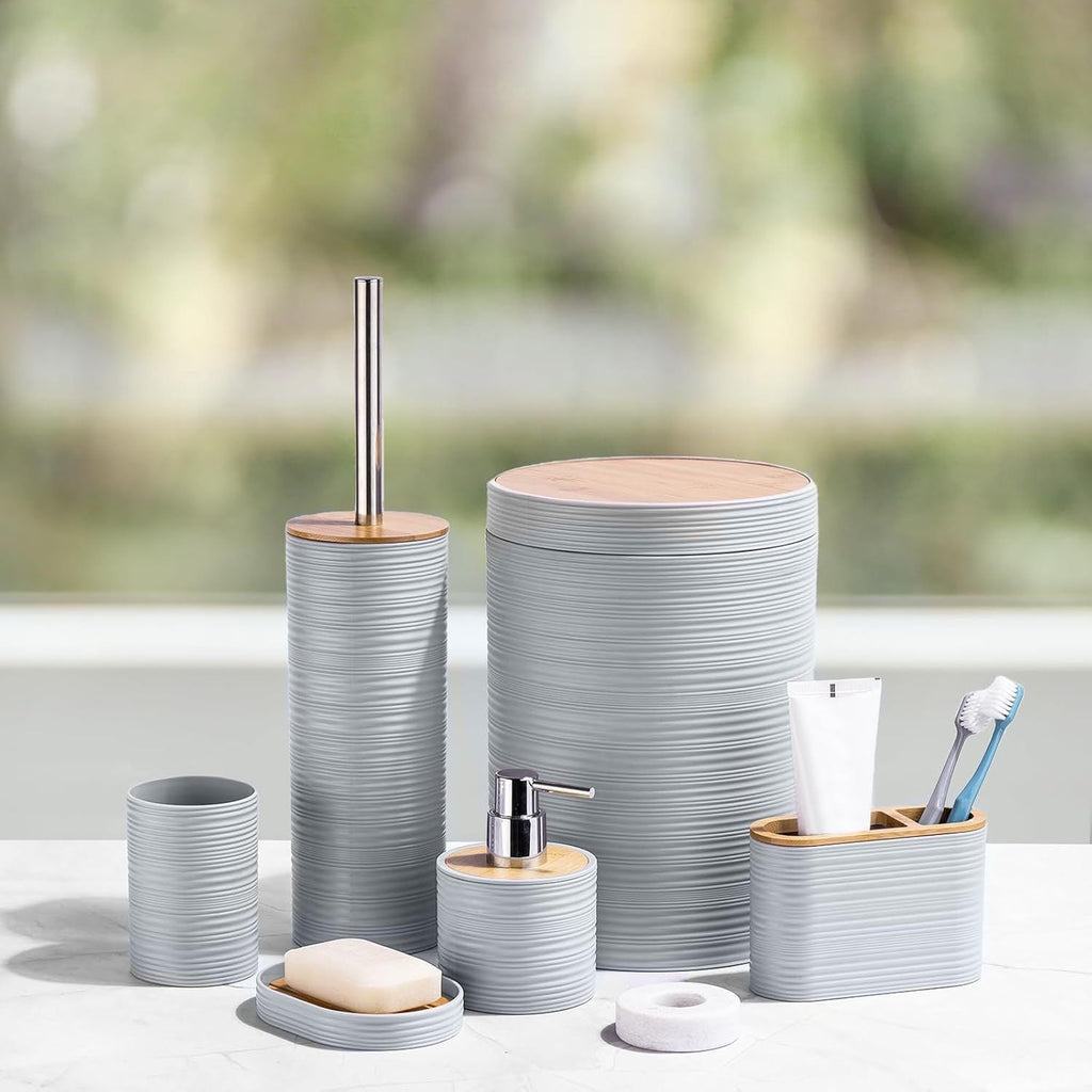 Bathroom Accessories Set 6 Piece Bamboo Bath Ensemble Includes Soap Dispenser, Toothbrush Holder, Toothbrush Cup, Soap Dish for Decorative Countertop and Housewarming Gift, Sriral Grey - MC Online