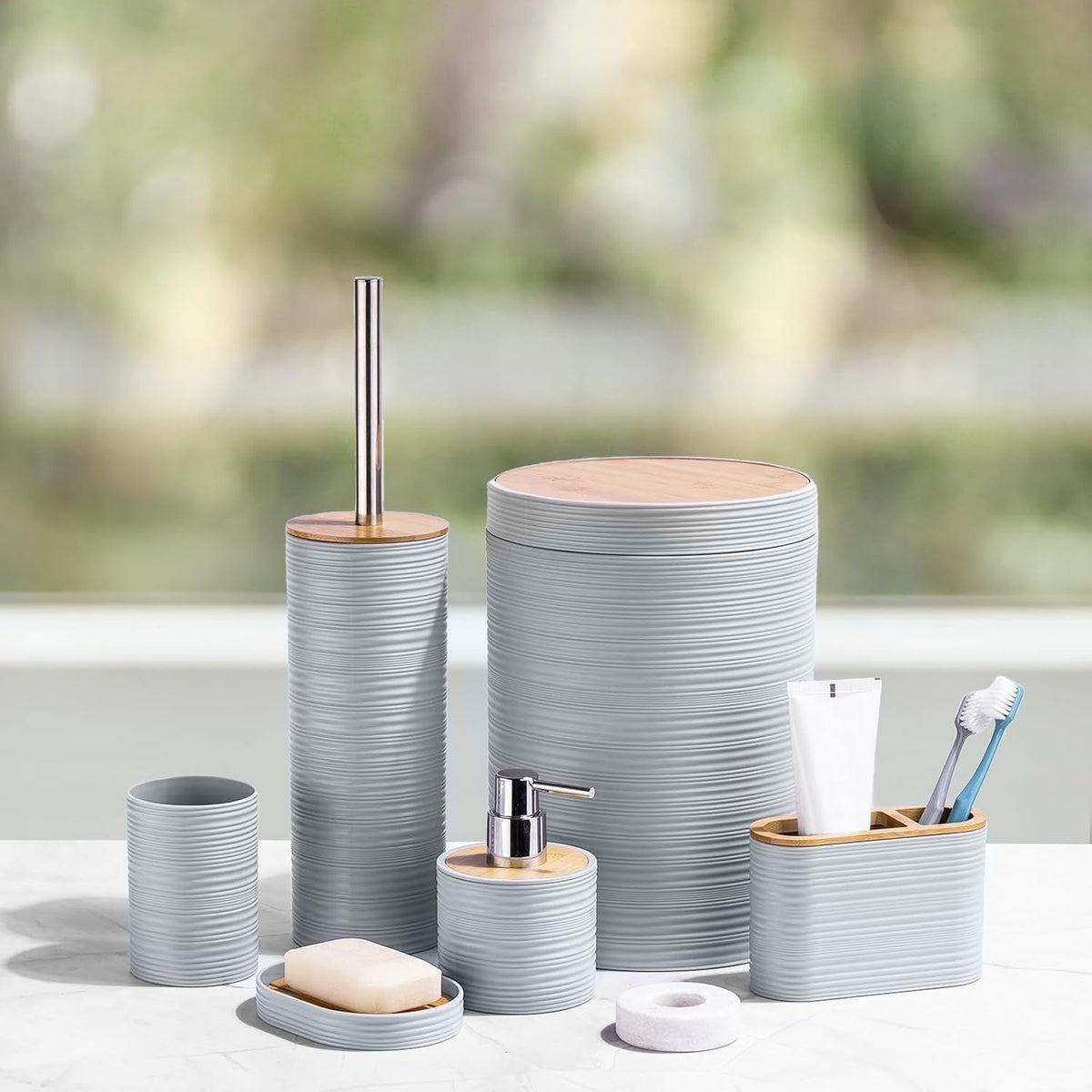 Bathroom Accessories Set 6 Piece Bamboo Bath Ensemble Includes Soap Dispenser, Toothbrush Holder, Toothbrush Cup, Soap Dish for Decorative Countertop and Housewarming Gift, Sriral Grey - MC Online