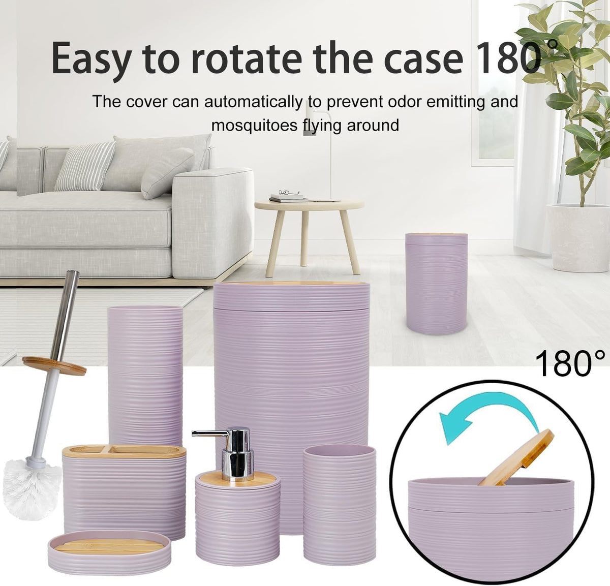 Bathroom Accessories Set 6 Piece Bamboo Bath Ensemble Includes Soap Dispenser, Toothbrush Holder, Toothbrush Cup, Soap Dish for Decorative Countertop and Housewarming Gift, Sriral Purple - MC Online