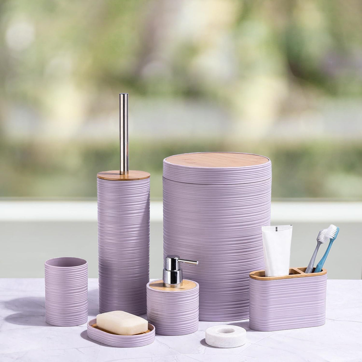 Bathroom Accessories Set 6 Piece Bamboo Bath Ensemble Includes Soap Dispenser, Toothbrush Holder, Toothbrush Cup, Soap Dish for Decorative Countertop and Housewarming Gift, Sriral Purple - MC Online