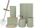 Bathroom Accessories Set 6 Piece Bamboo Bath Ensemble Includes Soap Dispenser, Toothbrush Holder, Toothbrush Cup, Soap Dish for Decorative Countertop and Housewarming Gift, Sriral Green - MC Online