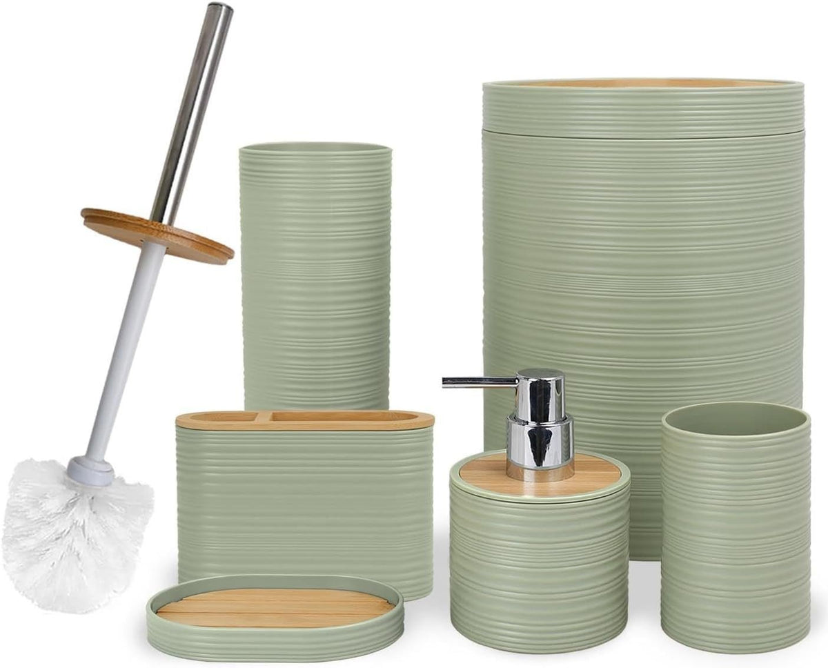Bathroom Accessories Set 6 Piece Bamboo Bath Ensemble Includes Soap Dispenser, Toothbrush Holder, Toothbrush Cup, Soap Dish for Decorative Countertop and Housewarming Gift, Sriral Green - MC Online