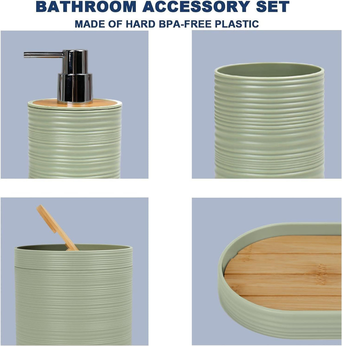 Bathroom Accessories Set 6 Piece Bamboo Bath Ensemble Includes Soap Dispenser, Toothbrush Holder, Toothbrush Cup, Soap Dish for Decorative Countertop and Housewarming Gift, Sriral Green - MC Online