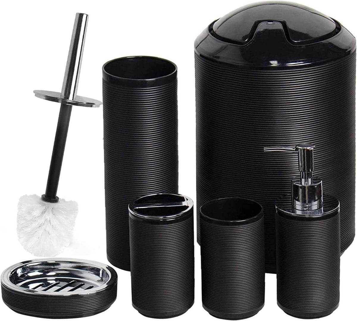 Bathroom Accessories Set 6 Piece Bath Ensemble Includes Soap Dispenser, Toothbrush Holder, Toothbrush Cup, Soap Dish for Decorative Countertop and Housewarming Gift, Black - MC Online