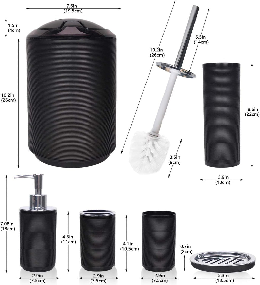 Bathroom Accessories Set 6 Piece Bath Ensemble Includes Soap Dispenser, Toothbrush Holder, Toothbrush Cup, Soap Dish for Decorative Countertop and Housewarming Gift, Black - MC Online
