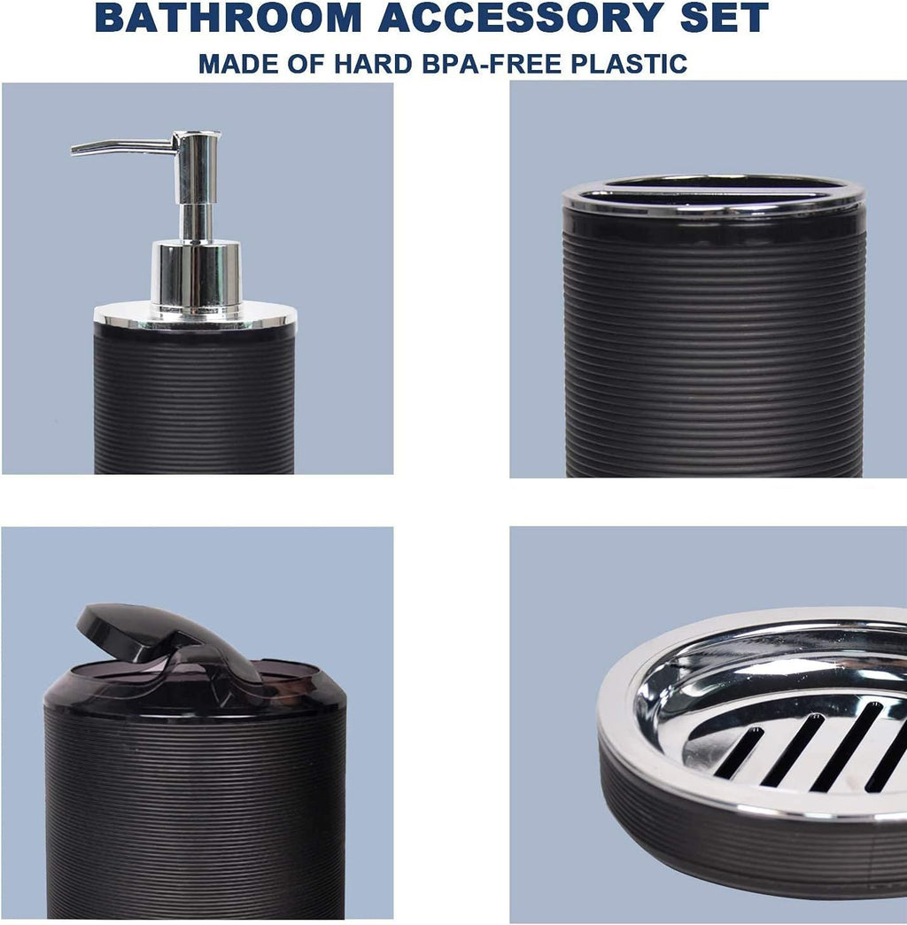 Bathroom Accessories Set 6 Piece Bath Ensemble Includes Soap Dispenser, Toothbrush Holder, Toothbrush Cup, Soap Dish for Decorative Countertop and Housewarming Gift, Black - MC Online