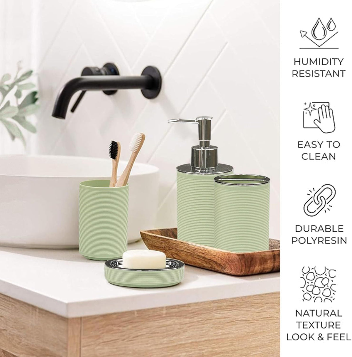 Bathroom Accessories Set Bath Ensemble Includes Soap Dispenser, Toothbrush Holder, Toothbrush Cup, Soap Dish for Decorative Countertop and Housewarming Gift (Apple Green) - MC Online