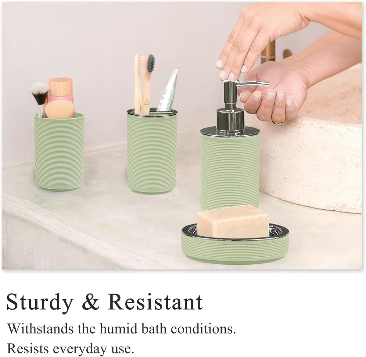 Bathroom Accessories Set Bath Ensemble Includes Soap Dispenser, Toothbrush Holder, Toothbrush Cup, Soap Dish for Decorative Countertop and Housewarming Gift (Apple Green) - MC Online