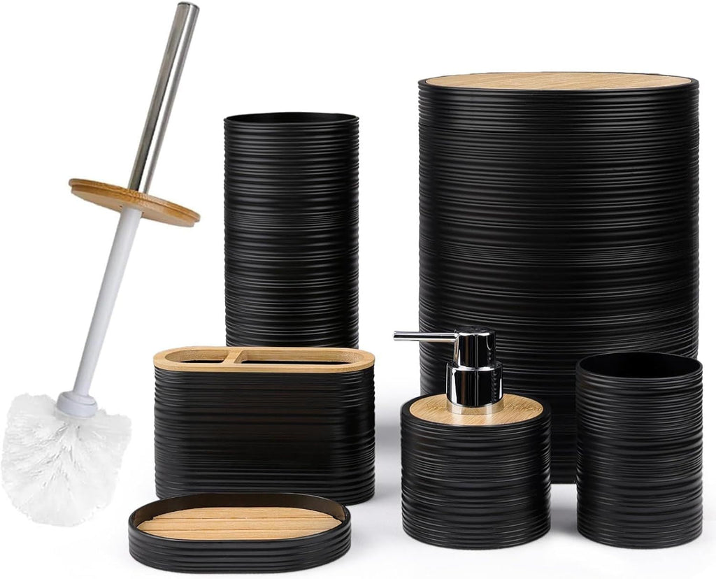 Bathroom Accessories Set Bath Ensemble Includes Soap Dispenser, Toothbrush Holder, Toothbrush Cup, Soap Dish for Decorative Countertop and Housewarming Gift (Black Spiricle) - MC Online
