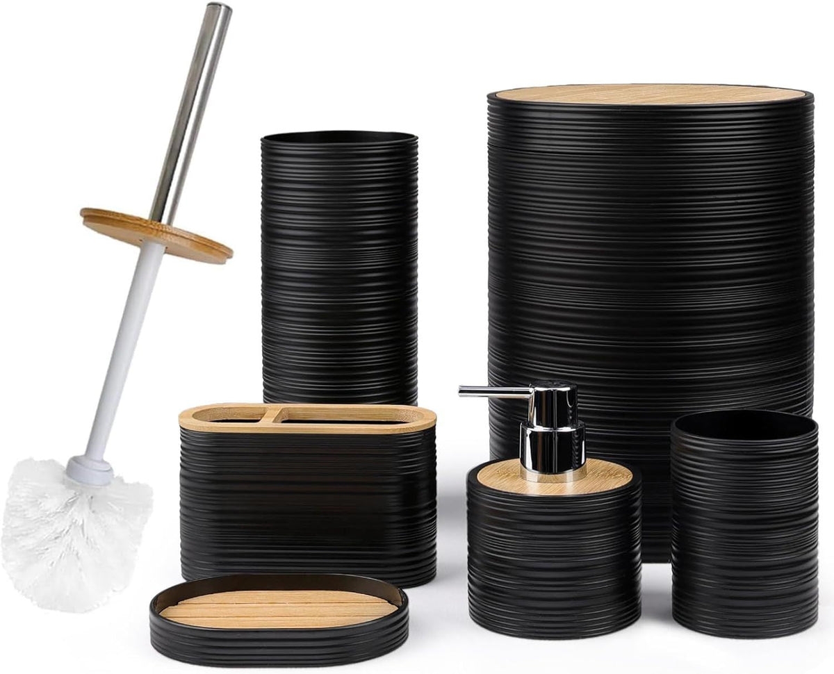 Bathroom Accessories Set Bath Ensemble Includes Soap Dispenser, Toothbrush Holder, Toothbrush Cup, Soap Dish for Decorative Countertop and Housewarming Gift (Black Spiricle) - MC Online
