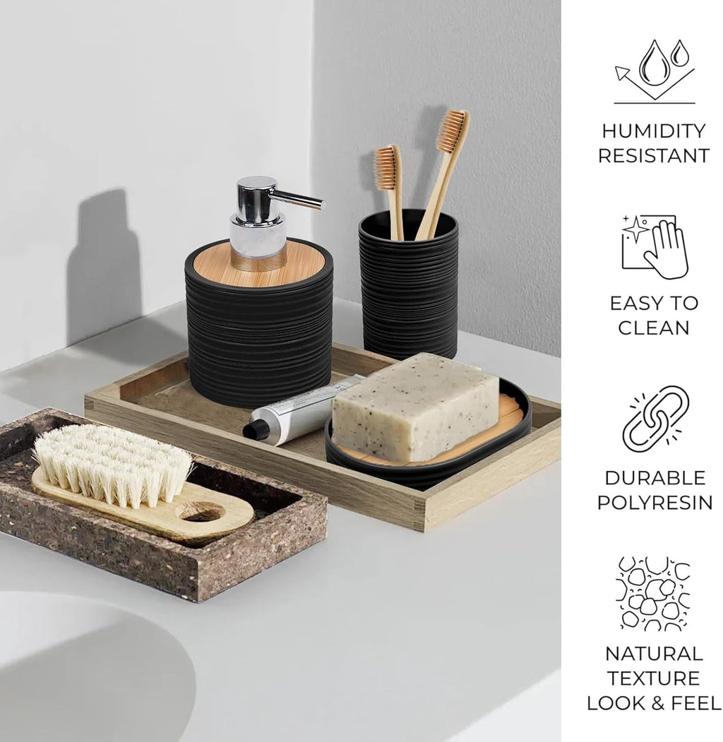 Bathroom Accessories Set Bath Ensemble Includes Soap Dispenser, Toothbrush Holder, Toothbrush Cup, Soap Dish for Decorative Countertop and Housewarming Gift (Black Spiricle) - MC Online