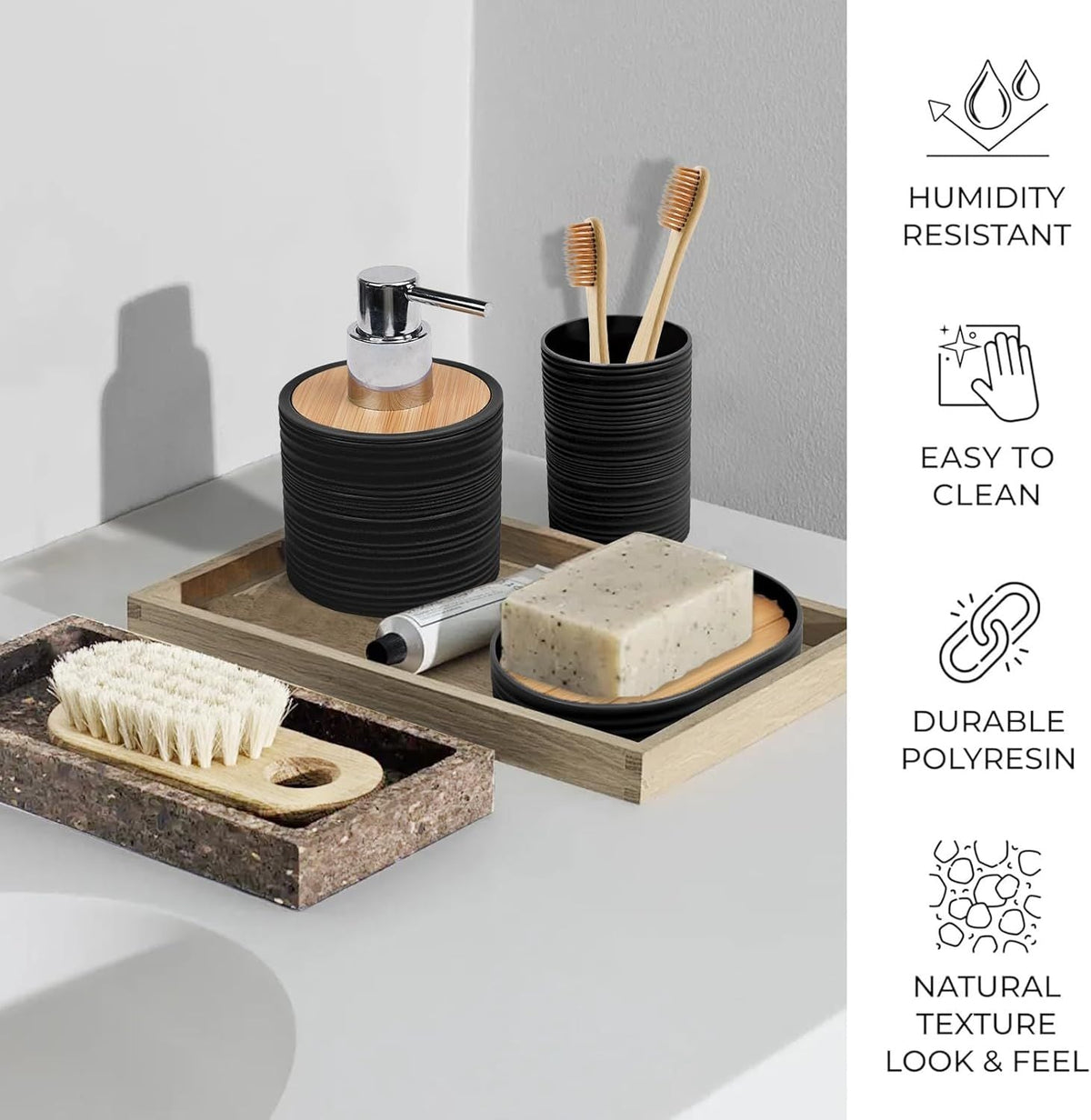 Bathroom Accessories Set Bath Ensemble Includes Soap Dispenser, Toothbrush Holder, Toothbrush Cup, Soap Dish for Decorative Countertop and Housewarming Gift (Black Spiricle) - MC Online