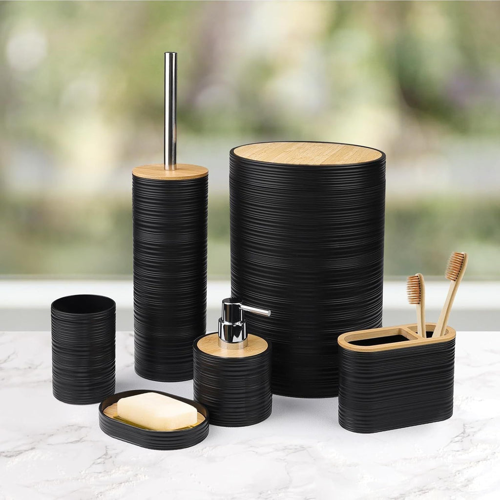 Bathroom Accessories Set Bath Ensemble Includes Soap Dispenser, Toothbrush Holder, Toothbrush Cup, Soap Dish for Decorative Countertop and Housewarming Gift (Black Spiricle) - MC Online