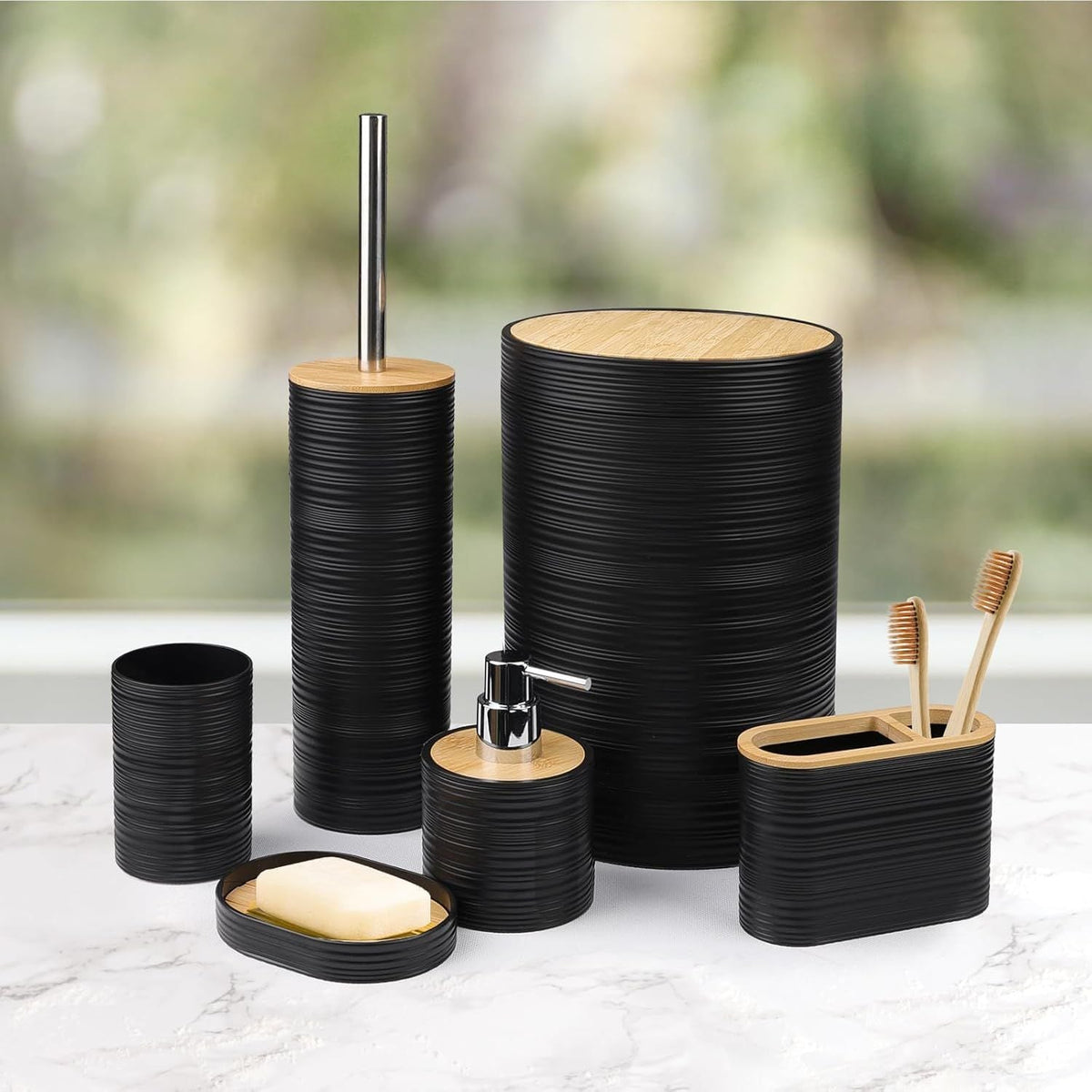 Bathroom Accessories Set Bath Ensemble Includes Soap Dispenser, Toothbrush Holder, Toothbrush Cup, Soap Dish for Decorative Countertop and Housewarming Gift (Black Spiricle) - MC Online