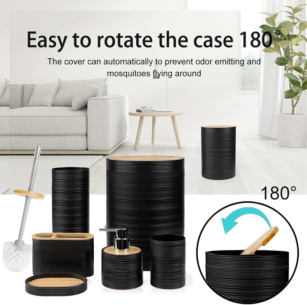 Bathroom Accessories Set Bath Ensemble Includes Soap Dispenser, Toothbrush Holder, Toothbrush Cup, Soap Dish for Decorative Countertop and Housewarming Gift (Black Spiricle) - MC Online