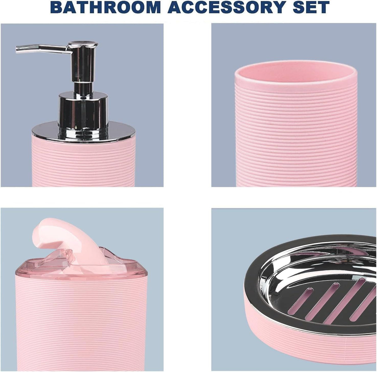 Bathroom Accessories Set Bath Ensemble Includes Soap Dispenser, Toothbrush Holder, Toothbrush Cup, Soap Dish for Decorative Countertop and Housewarming Gift (Pink Spiricle) - MC Online