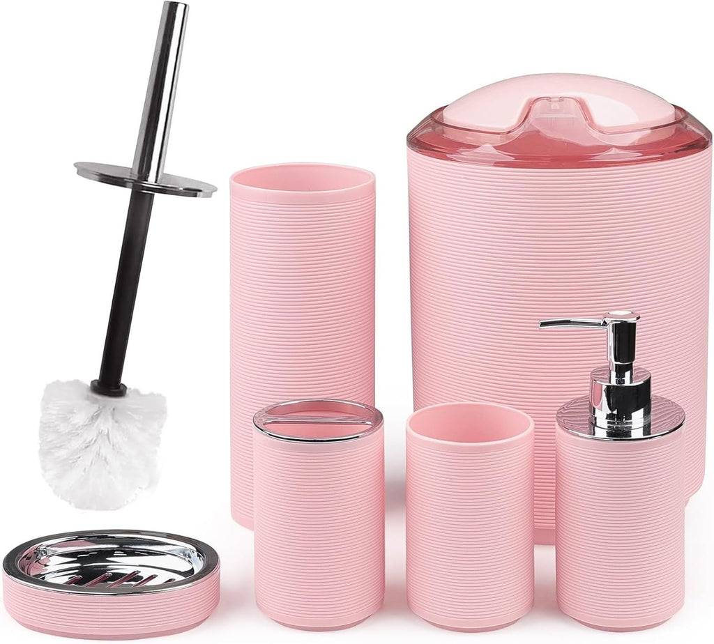 Bathroom Accessories Set Bath Ensemble Includes Soap Dispenser, Toothbrush Holder, Toothbrush Cup, Soap Dish for Decorative Countertop and Housewarming Gift (Pink Spiricle) - MC Online