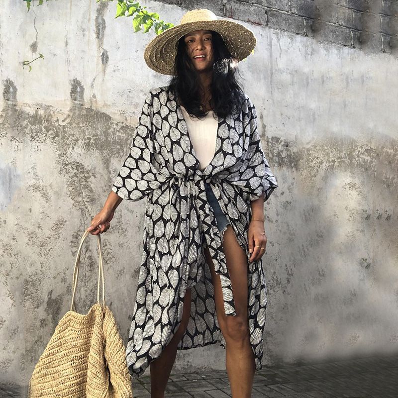 Beach Cover Ups for Swimwear Women Black Tie Dye Kimono Swimsuit Cape Summer Dress 2022 Beachwear Outfits Sales - MC Online