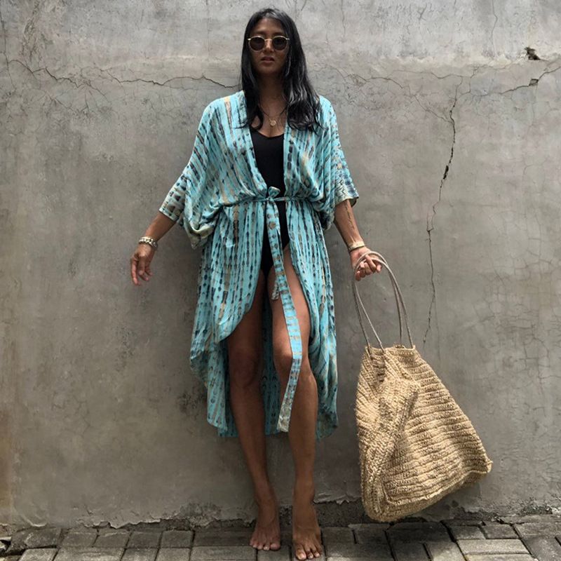 Beach Cover Ups for Swimwear Women Black Tie Dye Kimono Swimsuit Cape Summer Dress 2022 Beachwear Outfits Sales - MC Online