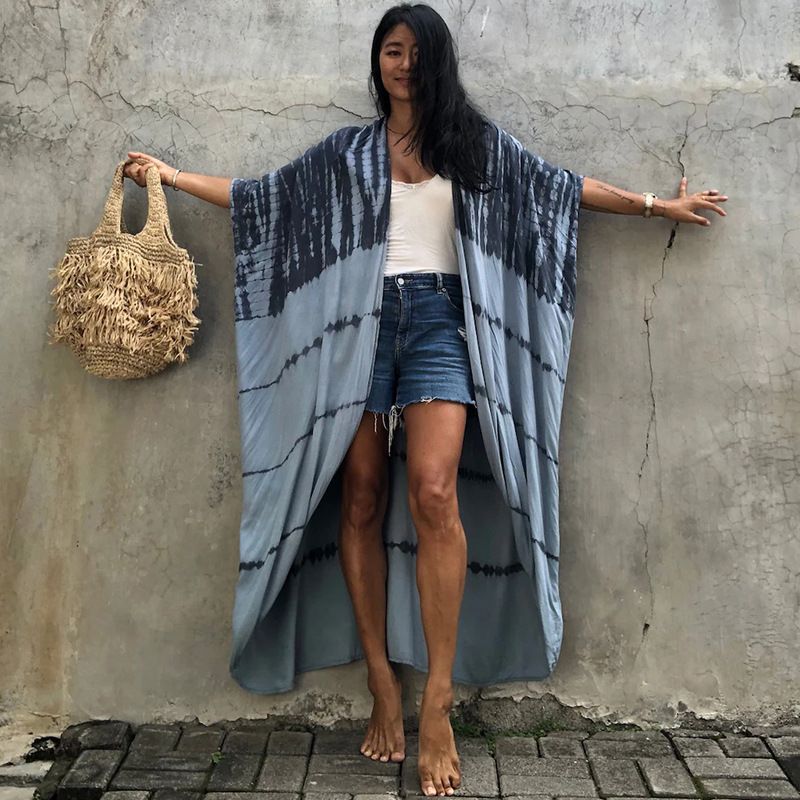 Beach Cover Ups for Swimwear Women Black Tie Dye Kimono Swimsuit Cape Summer Dress 2022 Beachwear Outfits Sales - MC Online