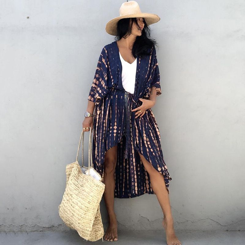 Beach Cover Ups for Swimwear Women Black Tie Dye Kimono Swimsuit Cape Summer Dress 2022 Beachwear Outfits Sales - MC Online