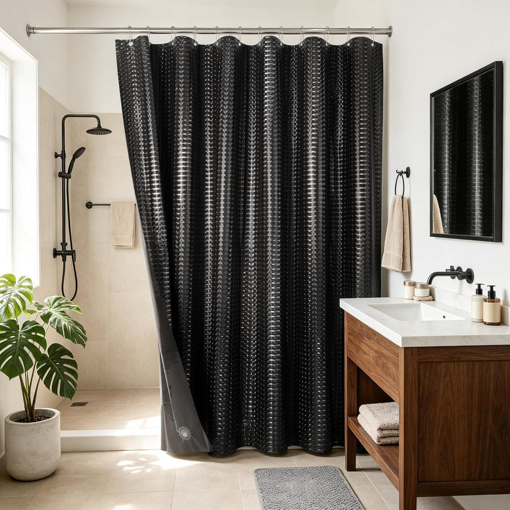 Black Shower Curtain Liner 72" x 72" for Bathroom - Waterproof Standard Size PEVA Shower Liner with 3 Magnets, Lightweight, Metal Grommets - Dimensional Black, 72x72 - MC Online
