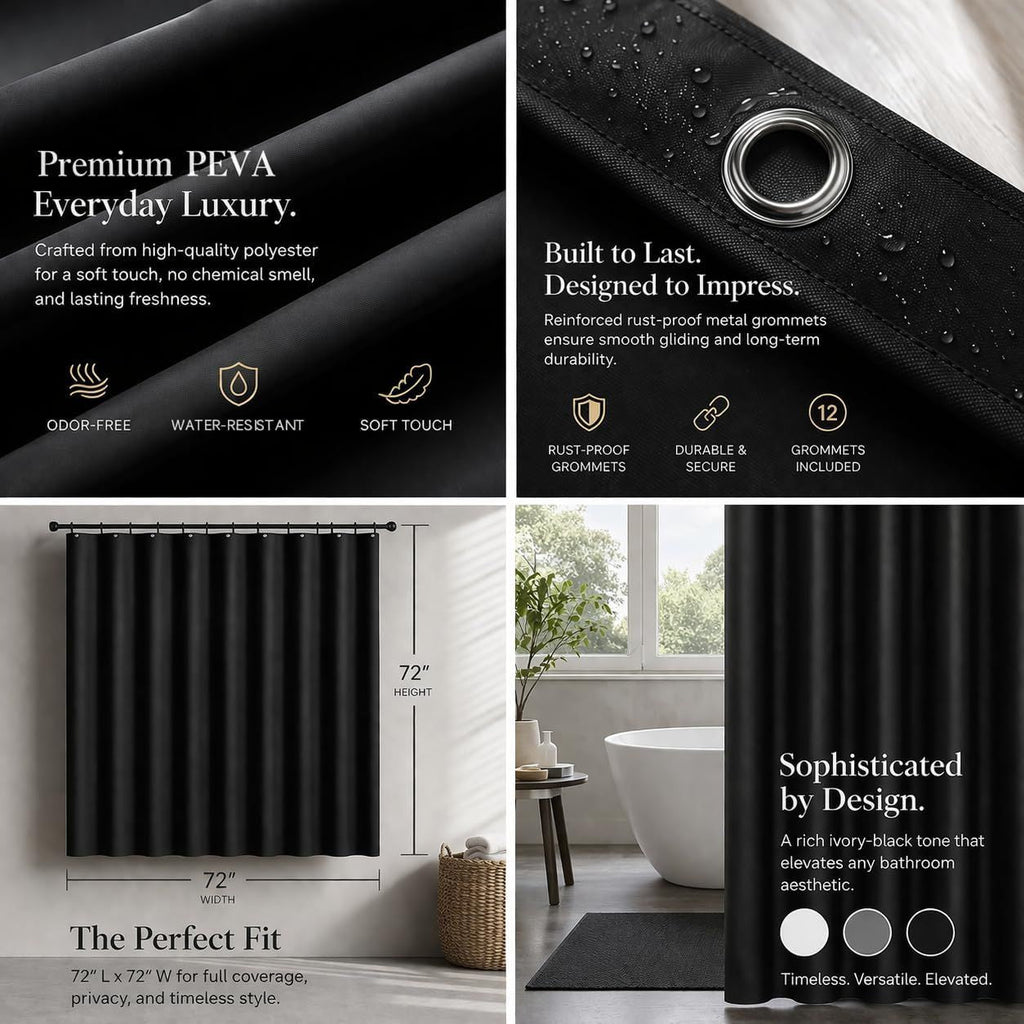Black Shower Curtain Liner 72x72, PEVA Waterproof Bath Curtain, No Chemical Smell, 3 Weighted Magnets, Durable with Rustproof Metal Grommets - MC Online
