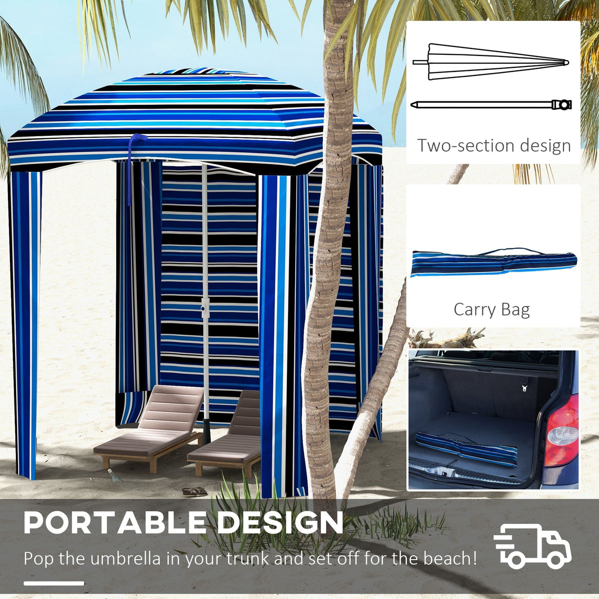 Cabana Style Beach Canopy with Ventilated Windows & Striped Azure Ruffles - MC Online