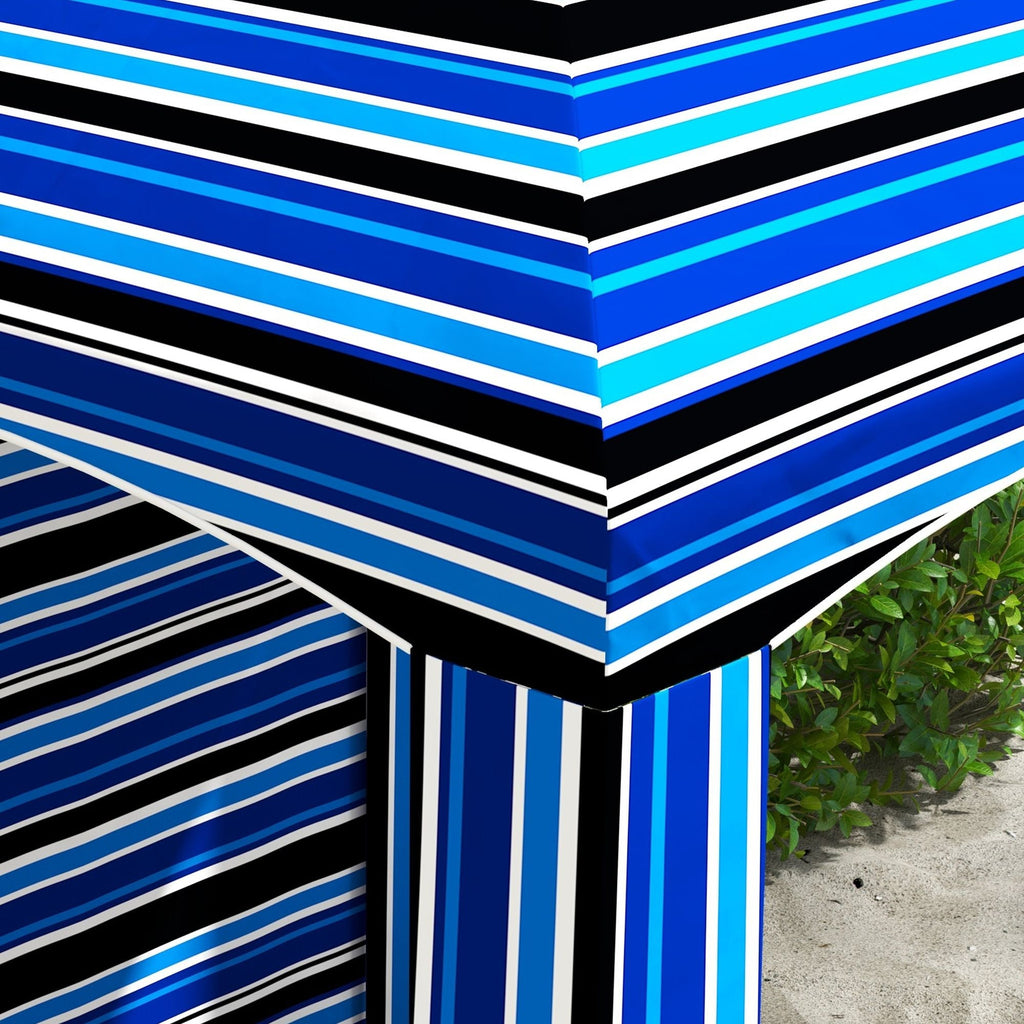 Cabana Style Beach Canopy with Ventilated Windows & Striped Azure Ruffles - MC Online