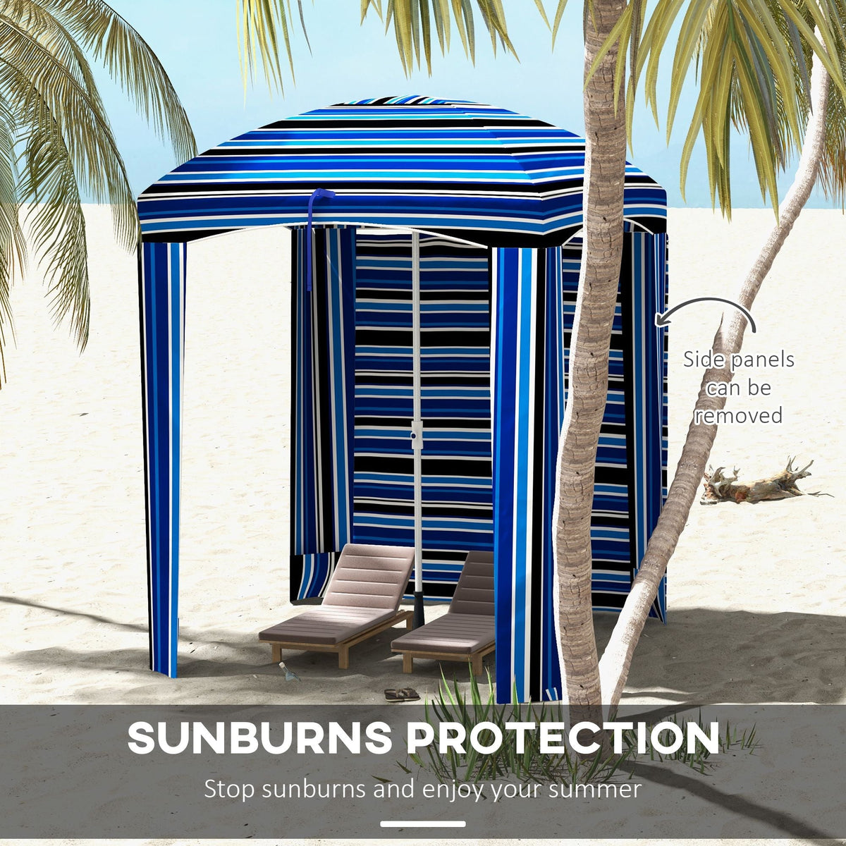 Cabana Style Beach Canopy with Ventilated Windows & Striped Azure Ruffles - MC Online