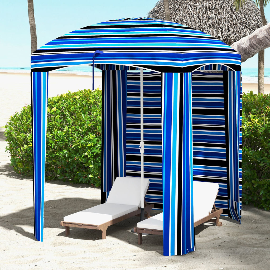 Cabana Style Beach Canopy with Ventilated Windows & Striped Azure Ruffles - MC Online