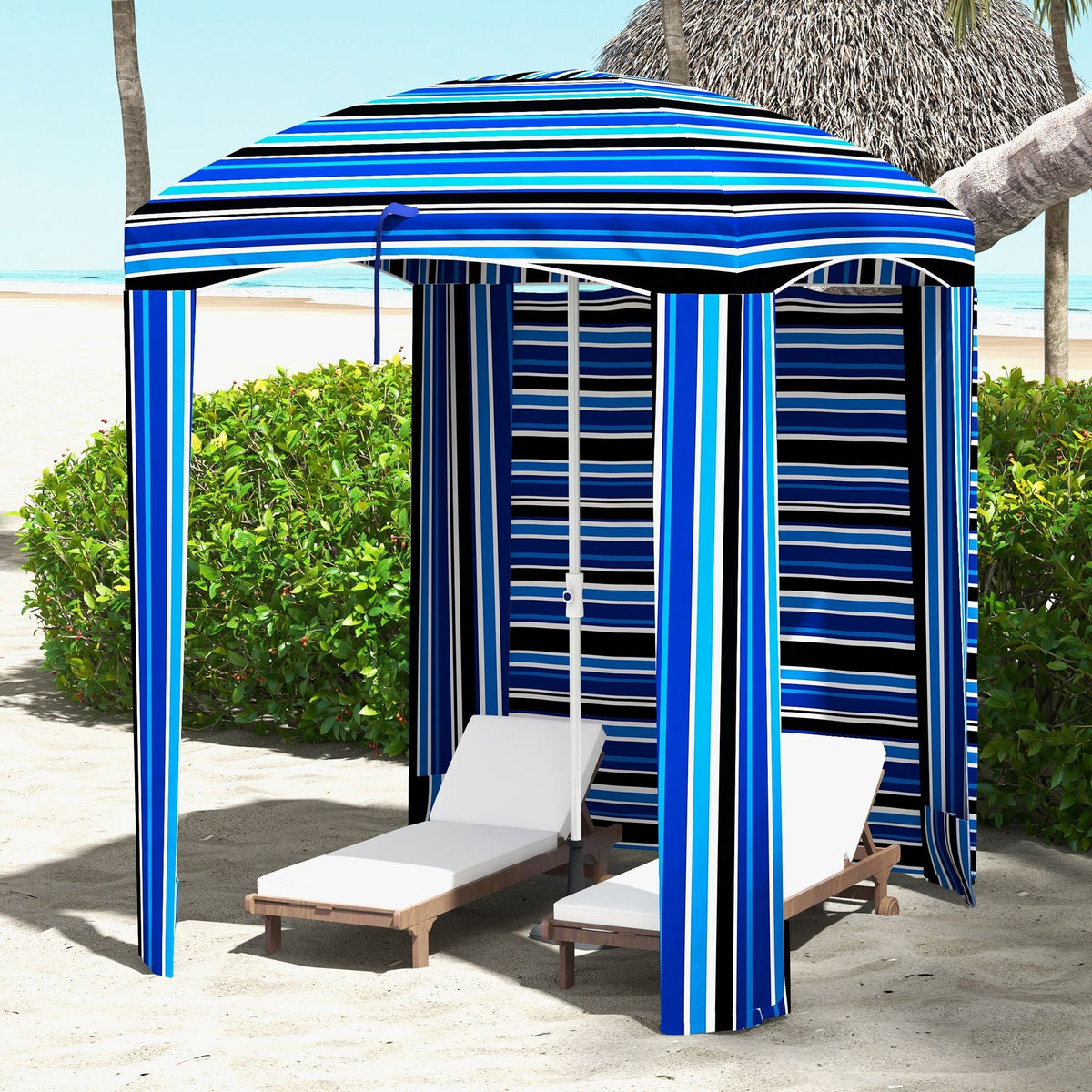 Cabana Style Beach Canopy with Ventilated Windows & Striped Azure Ruffles - MC Online