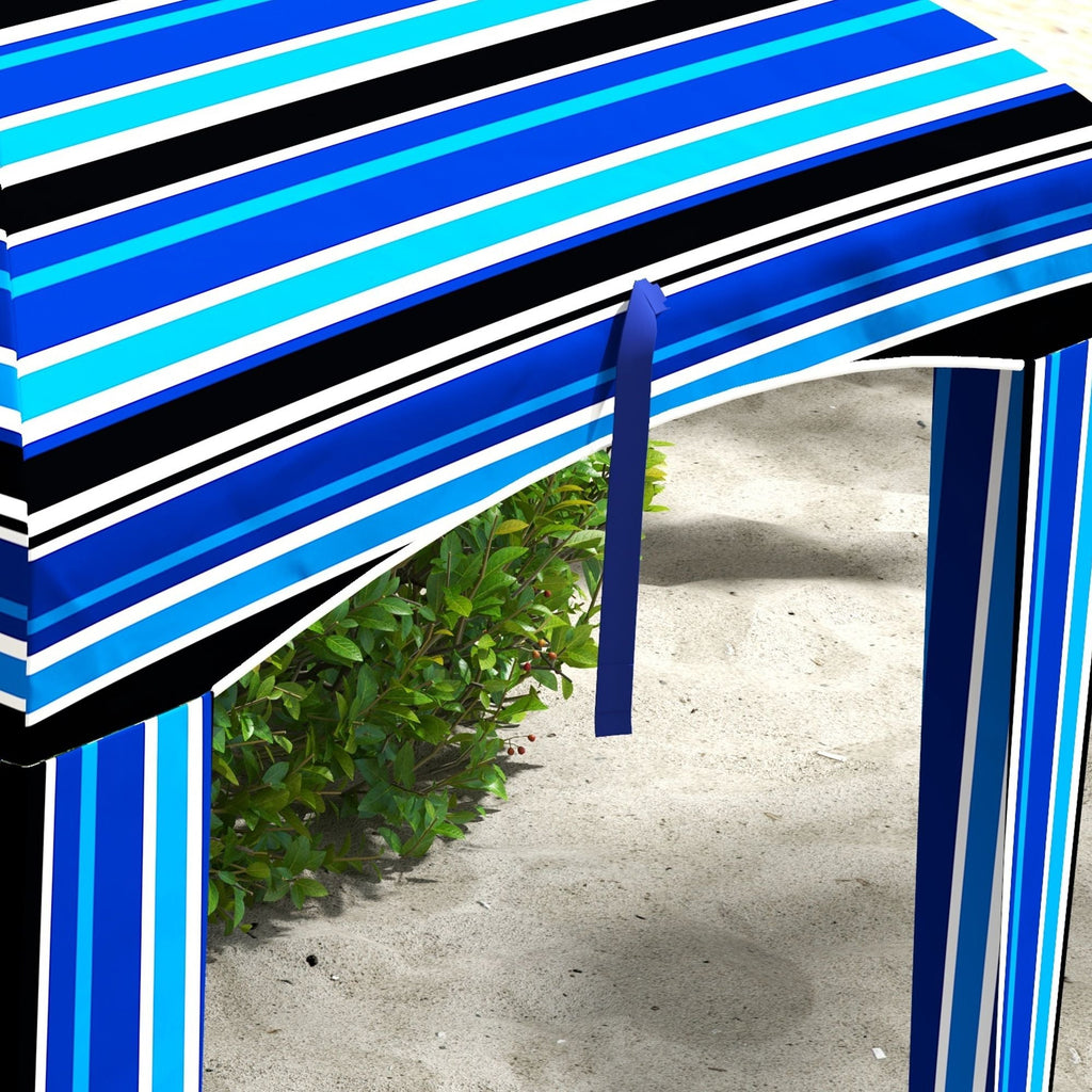 Cabana Style Beach Canopy with Ventilated Windows & Striped Azure Ruffles - MC Online