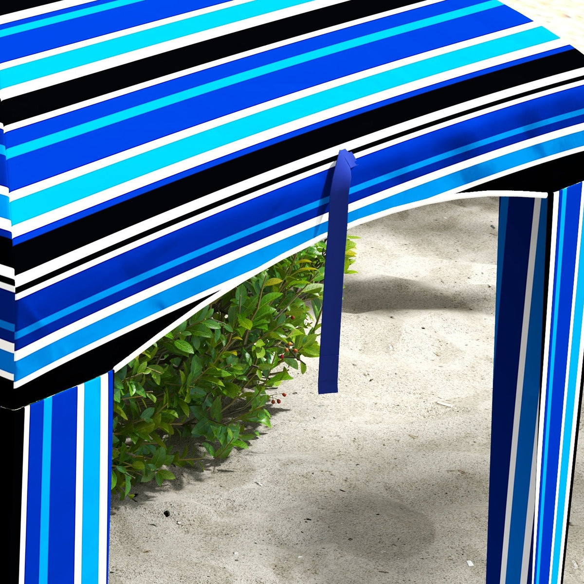 Cabana Style Beach Canopy with Ventilated Windows & Striped Azure Ruffles - MC Online