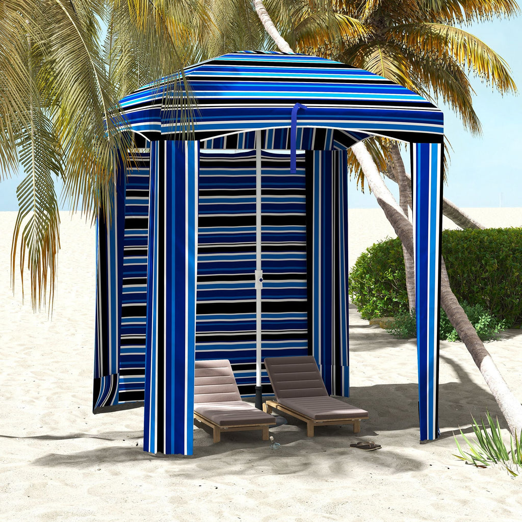 Cabana Style Beach Canopy with Ventilated Windows & Striped Azure Ruffles - MC Online
