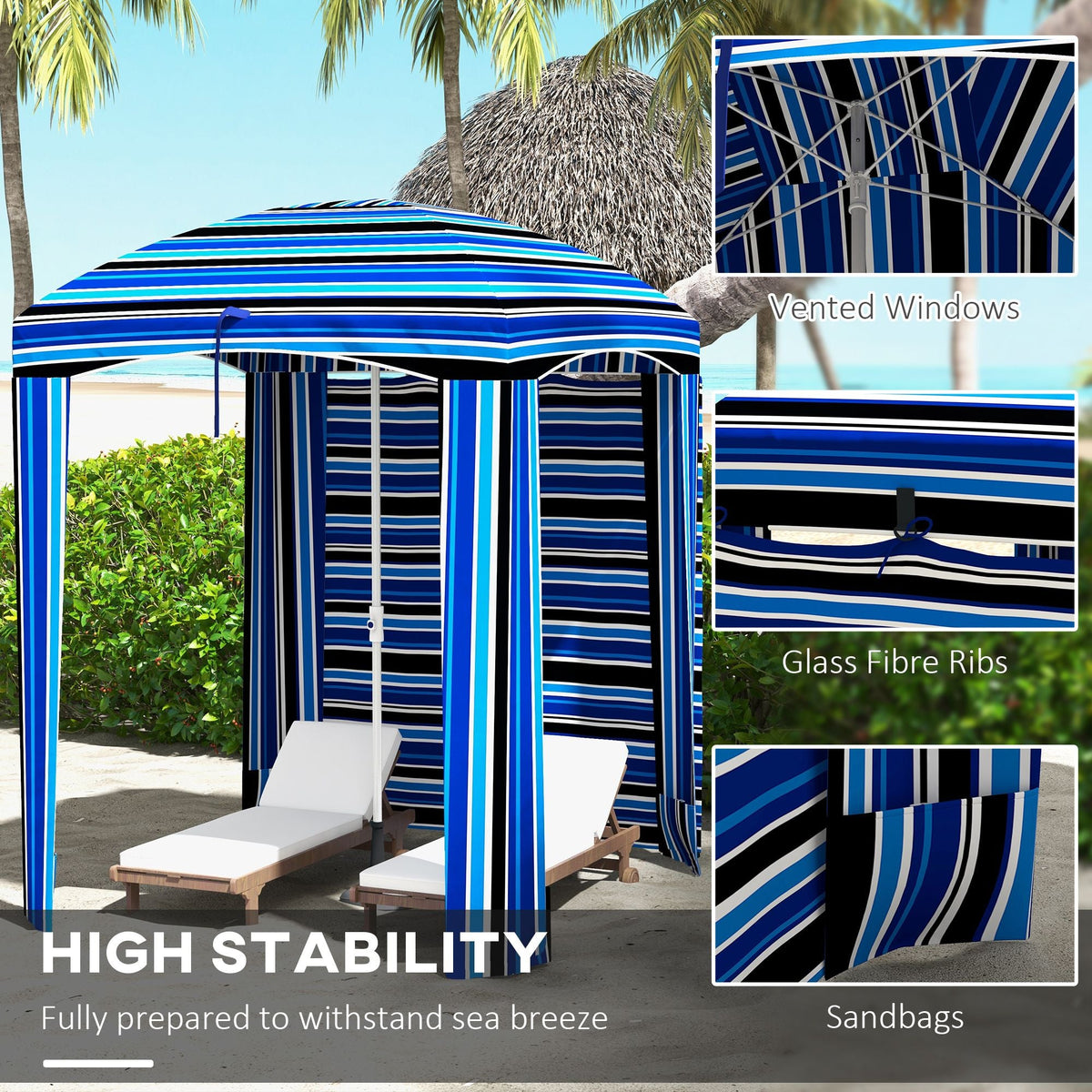 Cabana Style Beach Canopy with Ventilated Windows & Striped Azure Ruffles - MC Online