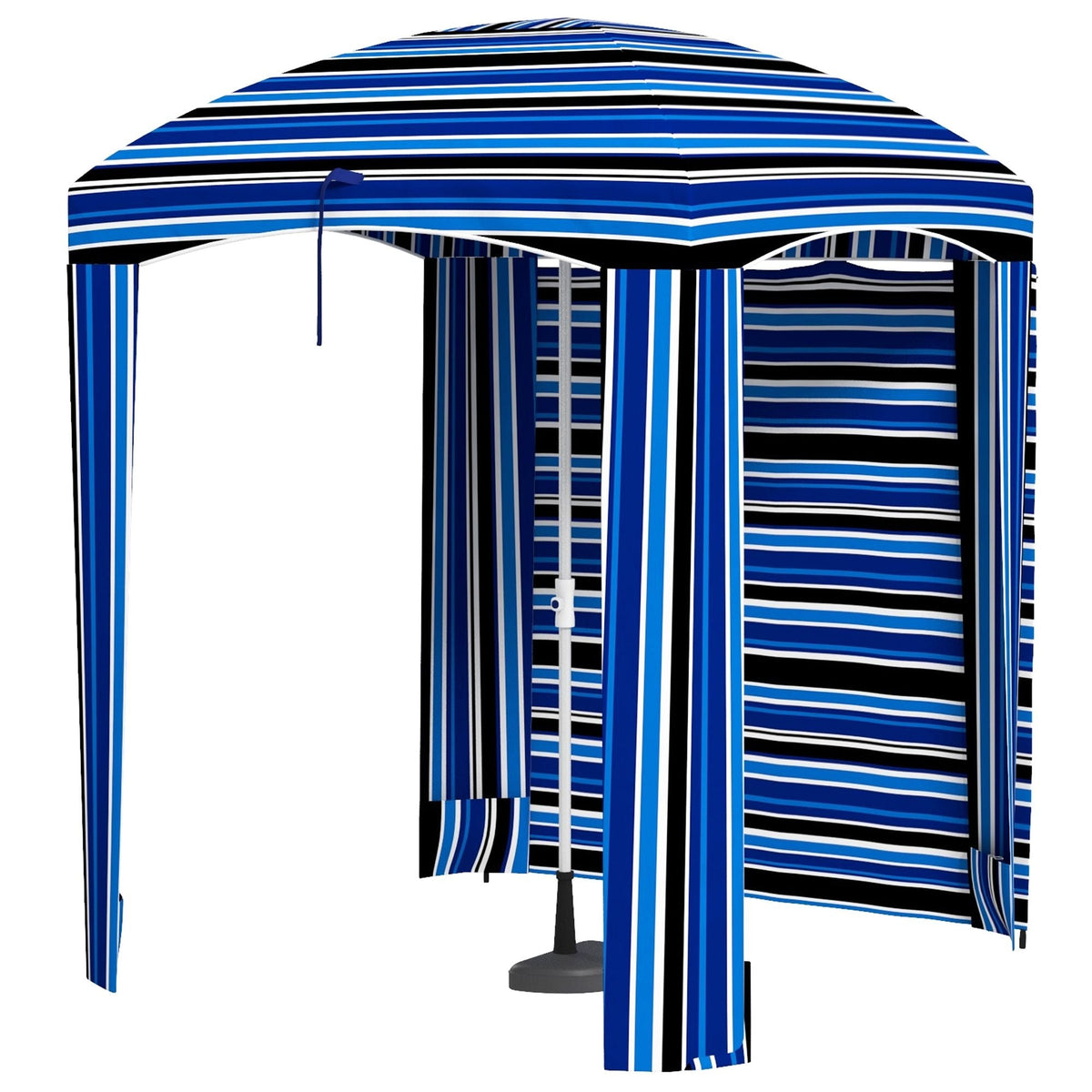 Cabana Style Beach Canopy with Ventilated Windows & Striped Azure Ruffles - MC Online