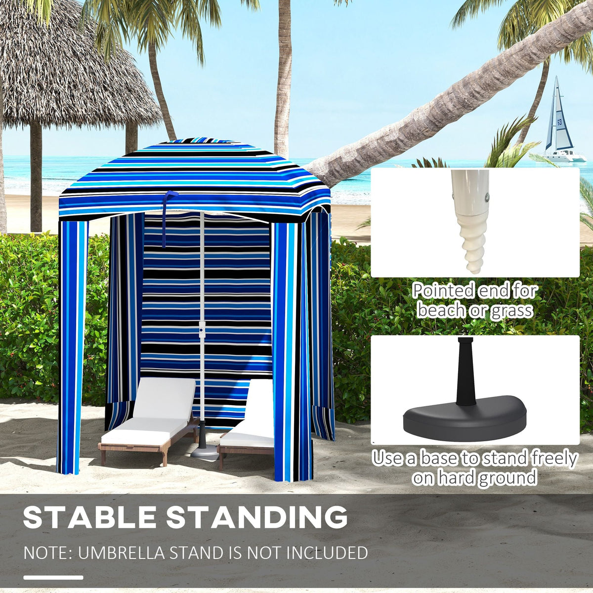 Cabana Style Beach Canopy with Ventilated Windows & Striped Azure Ruffles - MC Online