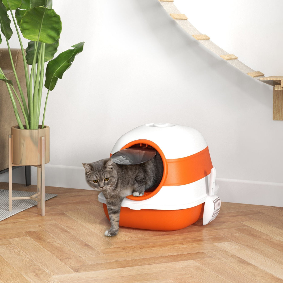 Cat Litter Box with Lid, Covered Litter Box w/High Sides, Two-Way Entrance Kitty Litter Box, Foldable, Easy Clean, White and Orange - MC Online