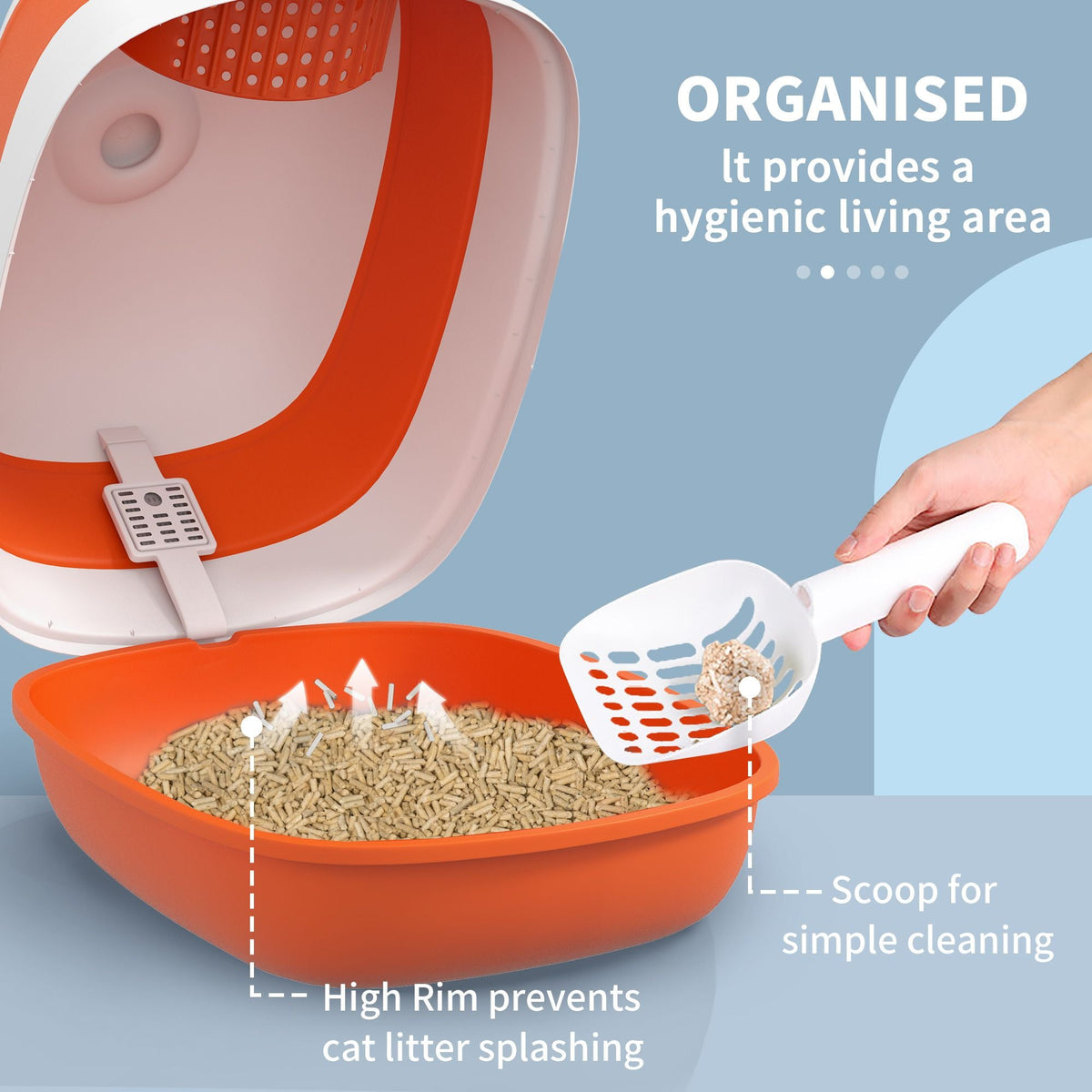 Cat Litter Box with Lid, Covered Litter Box w/High Sides, Two-Way Entrance Kitty Litter Box, Foldable, Easy Clean, White and Orange - MC Online