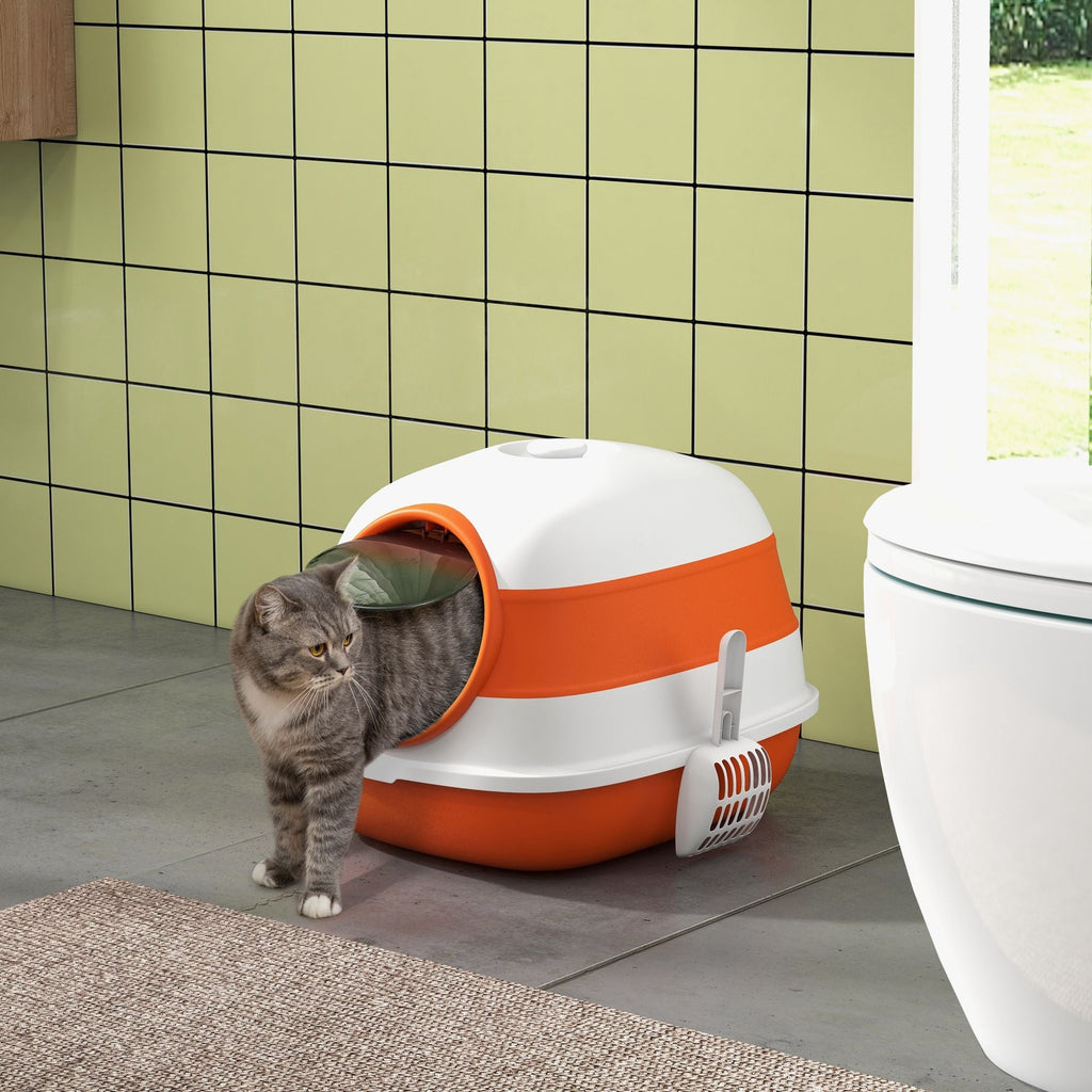 Cat Litter Box with Lid, Covered Litter Box w/High Sides, Two-Way Entrance Kitty Litter Box, Foldable, Easy Clean, White and Orange - MC Online