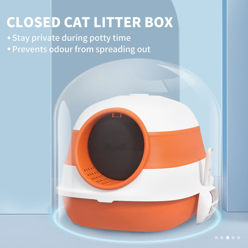 Cat Litter Box with Lid, Covered Litter Box w/High Sides, Two-Way Entrance Kitty Litter Box, Foldable, Easy Clean, White and Orange - MC Online