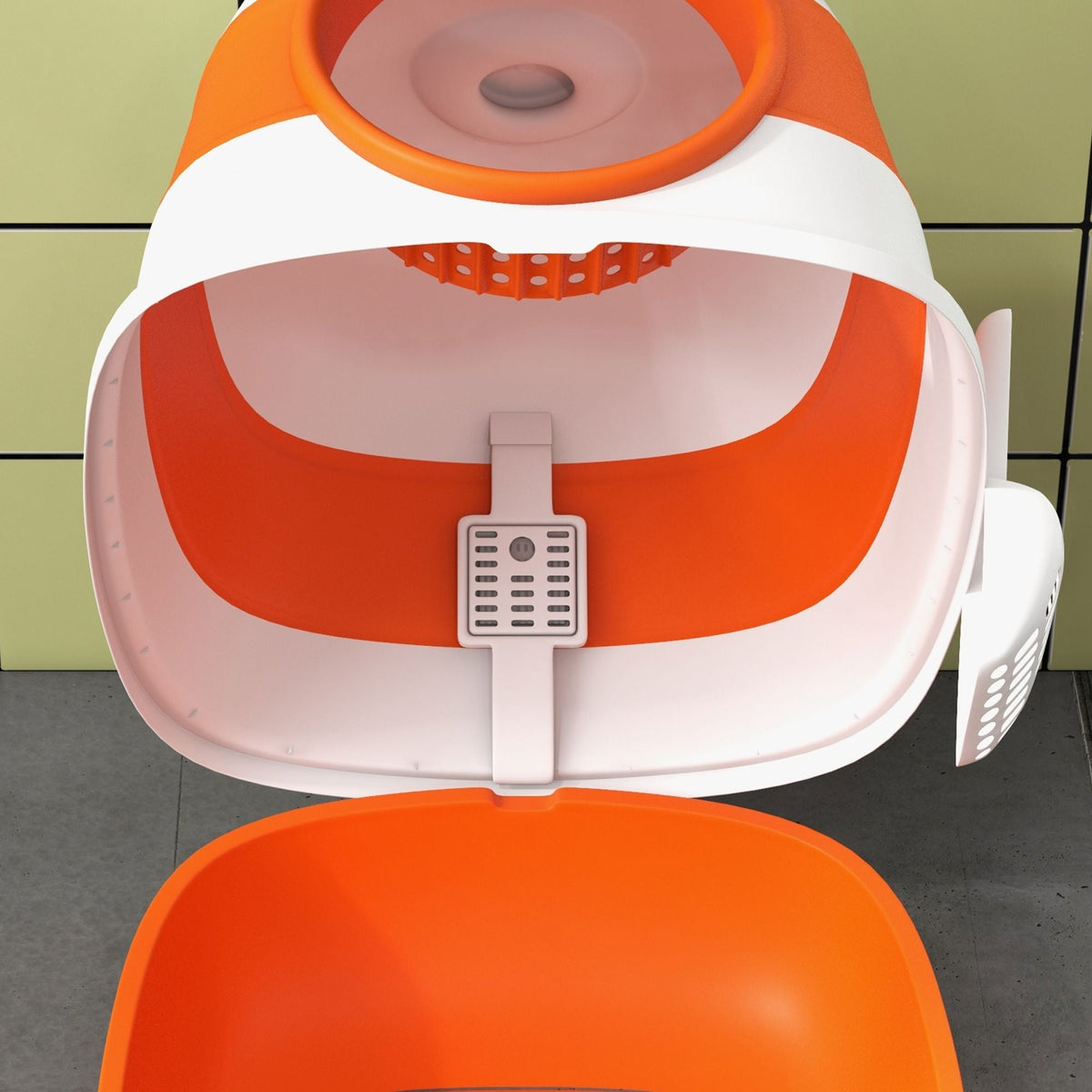 Cat Litter Box with Lid, Covered Litter Box w/High Sides, Two-Way Entrance Kitty Litter Box, Foldable, Easy Clean, White and Orange - MC Online