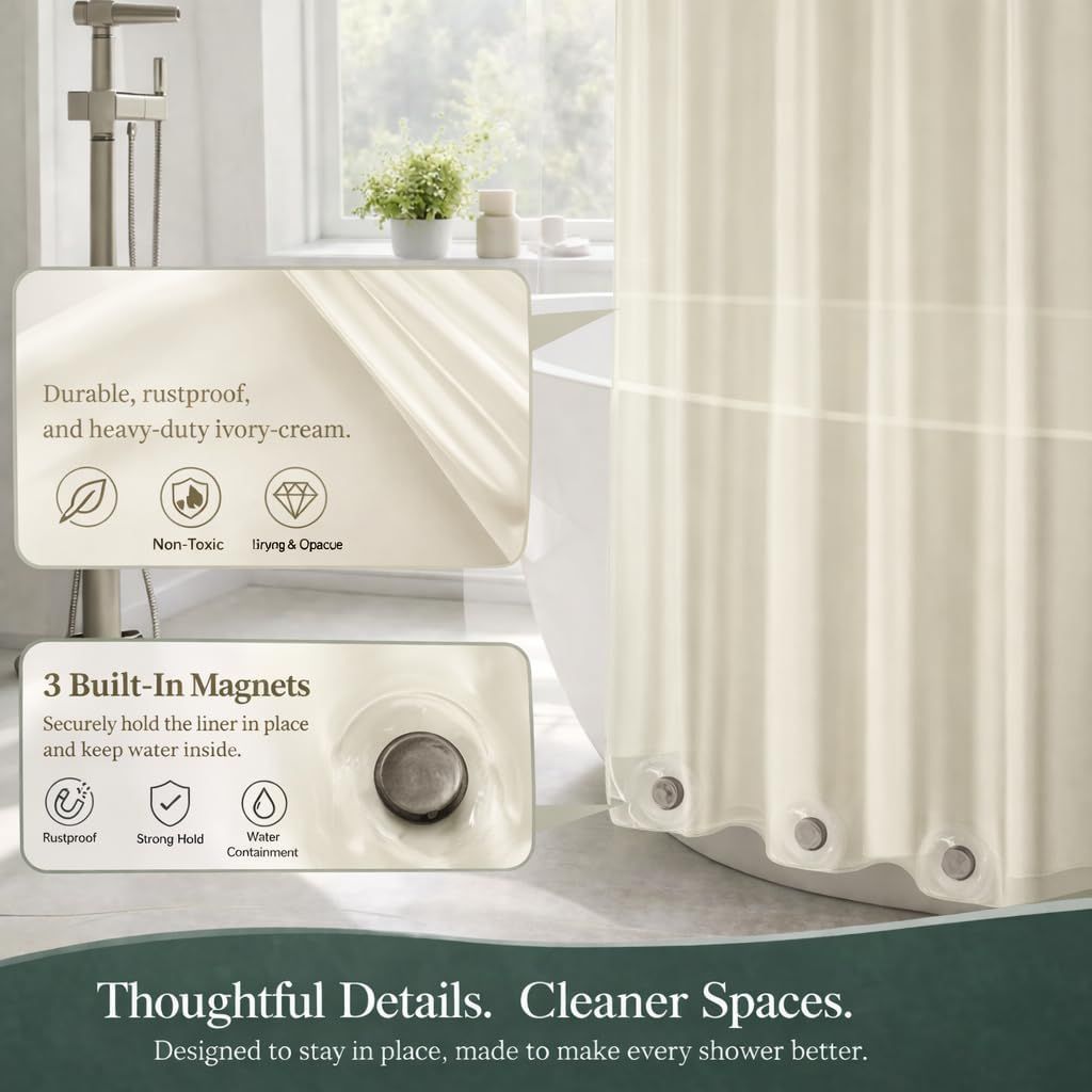Cream Shower Curtain Liner 72x72, PEVA Waterproof Bath Curtain, No Chemical Smell, 3 Weighted Magnets, Durable with Rustproof Metal Grommets - MC Online